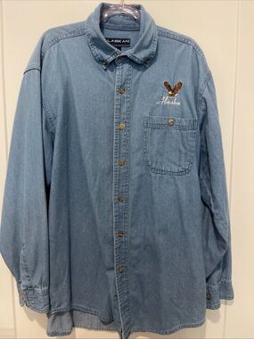 Alaskan Mens M Denim Button Up Shirt Eagle Embroidered Vintage